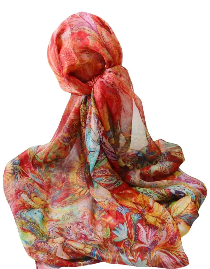 100% Pure Mulberry Silk, Sheer Rectangular Headscarves Red Meadow