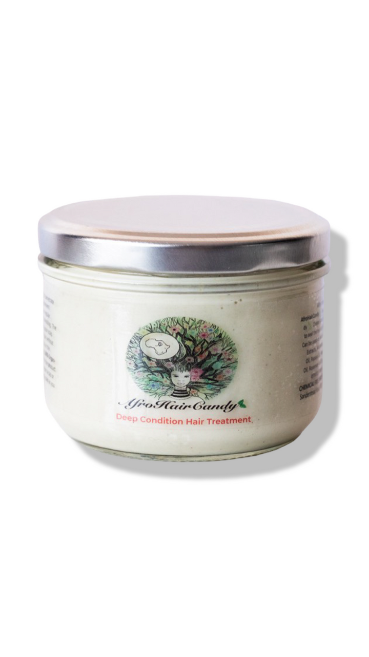 AfroHairCandy Deep Conditioning Treatment in clear jar with creamy texture.