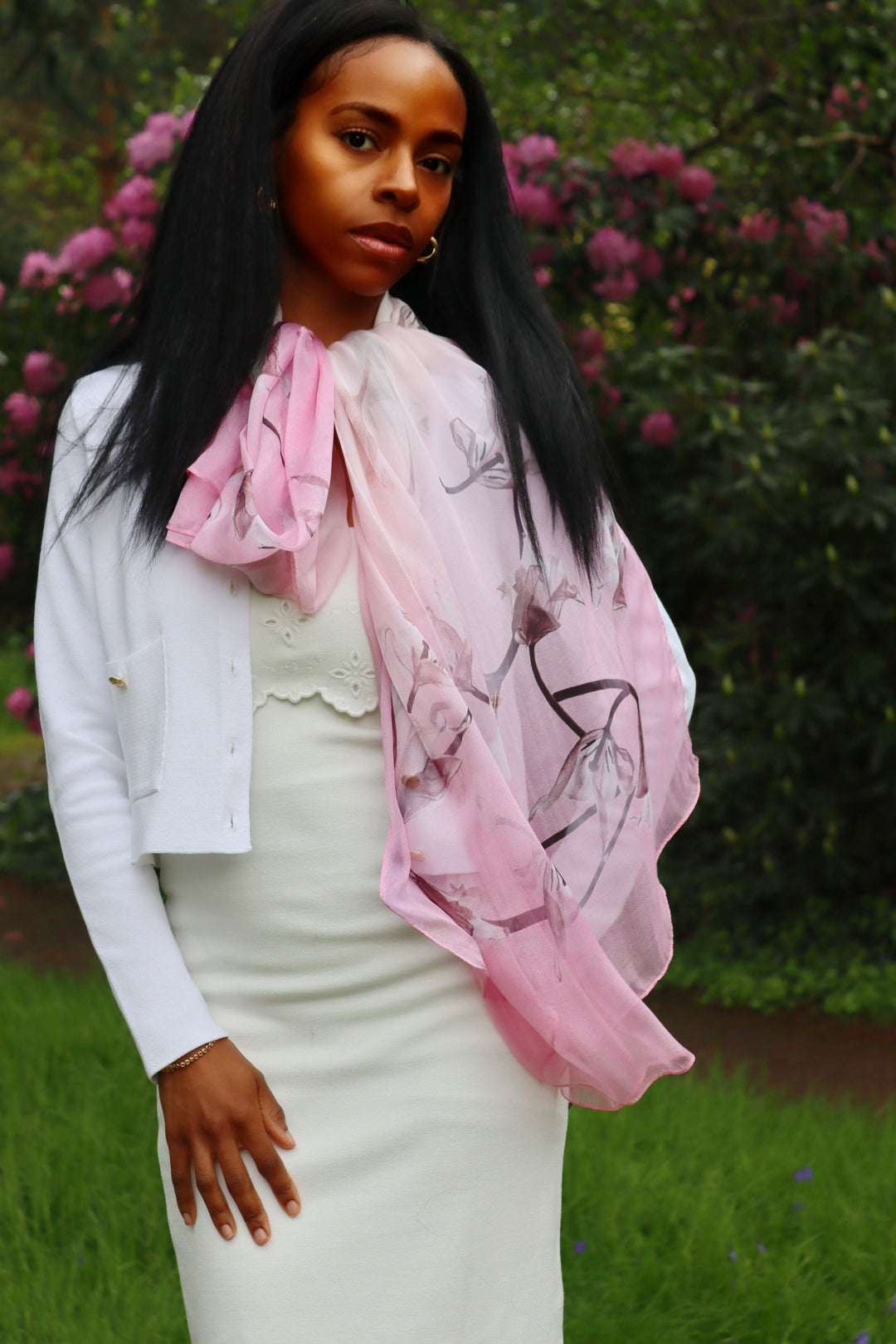 100% Pure Mulberry Silk, Ethereal Sheers Collection Scarf Pink Vine